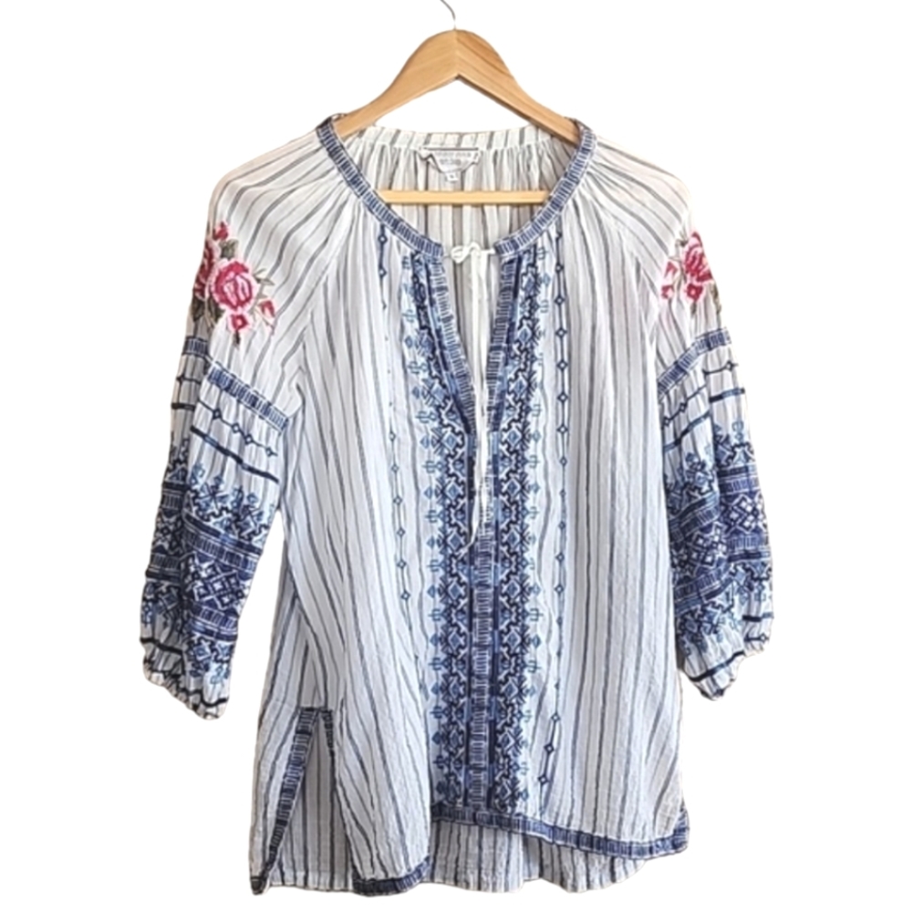 JOHNNY WAS Workshop Shea Peasant Blouse S Santori Stripe Embroidered Boho Anthro - Picture 13 of 16